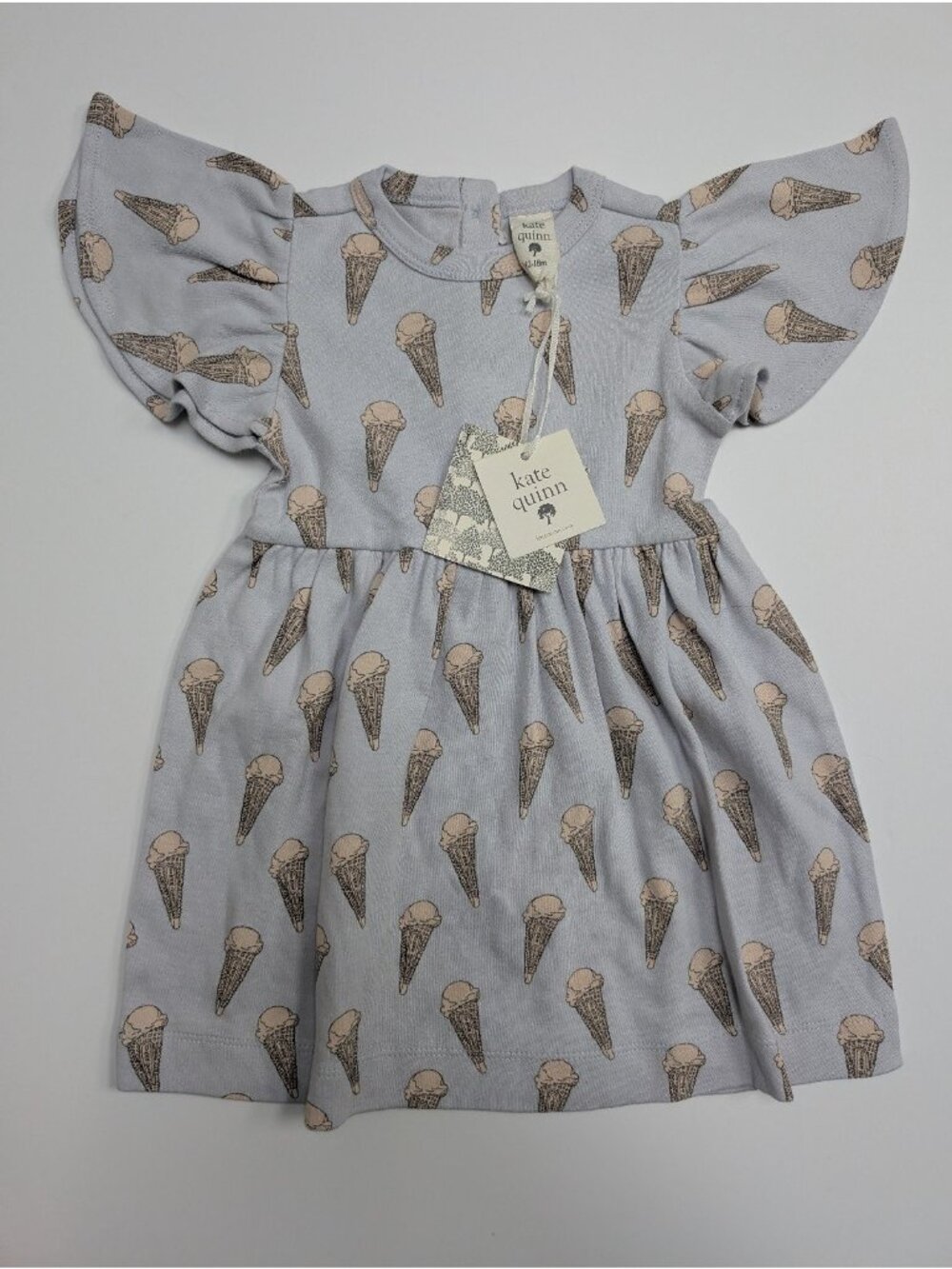 Kate Quinn Organic Cotton Flutter Sleeve Dress 12-18 Ice Cream Cone Blue Cones